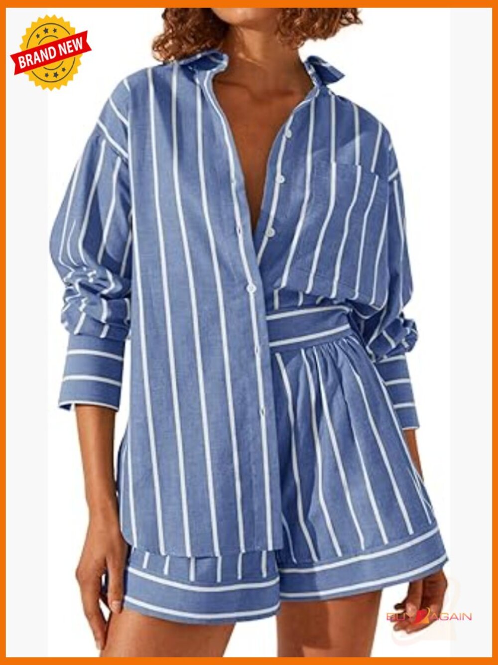 2 Piece Outfit: Long Sleeve Button Down Shirt & Shorts Set